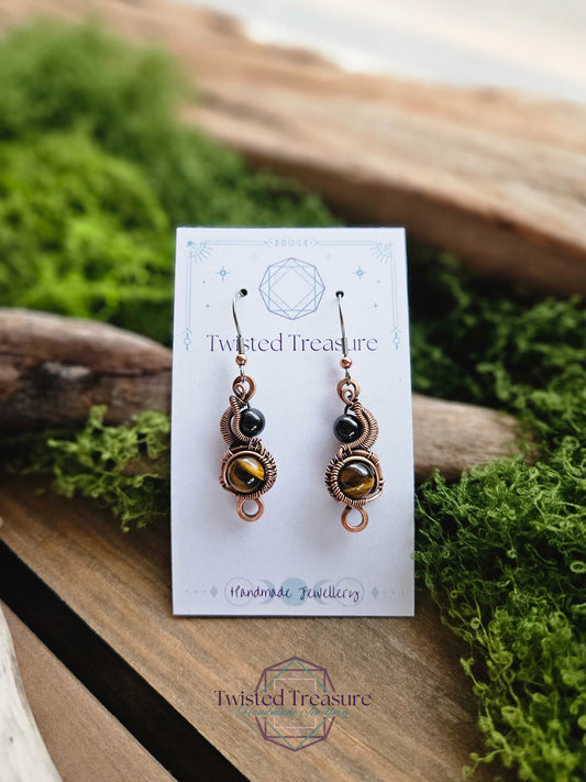 Copper Phase Earrings - Black Tourmaline & Tigers Eye