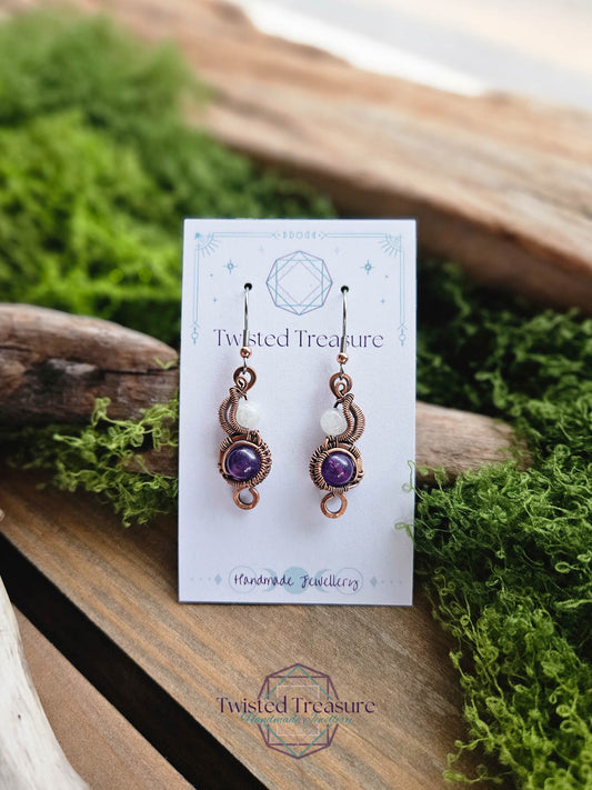 Copper Phase Earrings - Moonstone & Amethyst