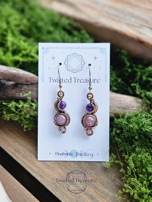 Copper Phase Earrings - Amethyst & Rose Quartz