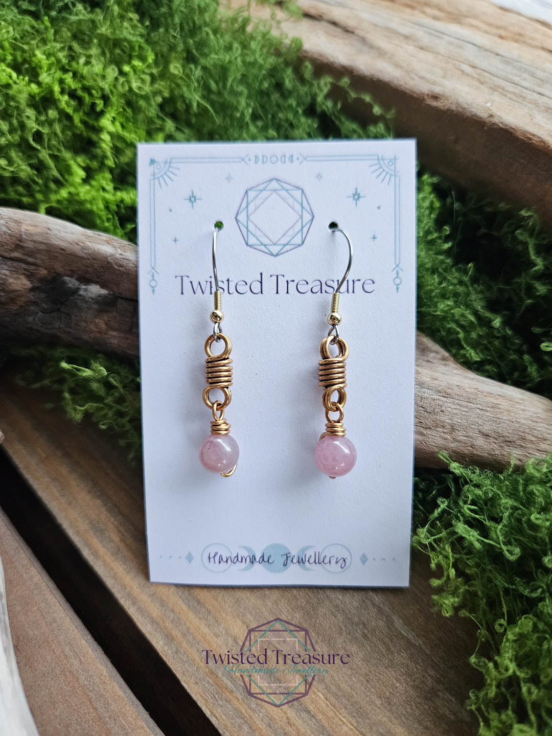 Bronze Curlicue Earrings - Rose Quartz