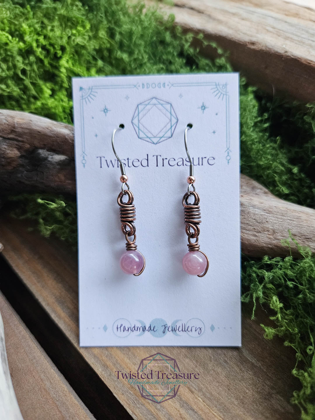 Copper Curlicue Earrings - Rose Quartz