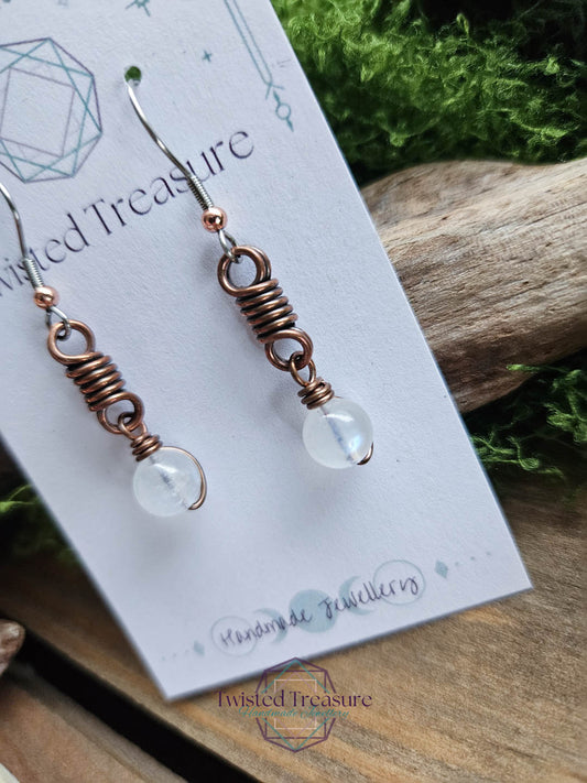 Copper Curlicue Earrings - Moonstone