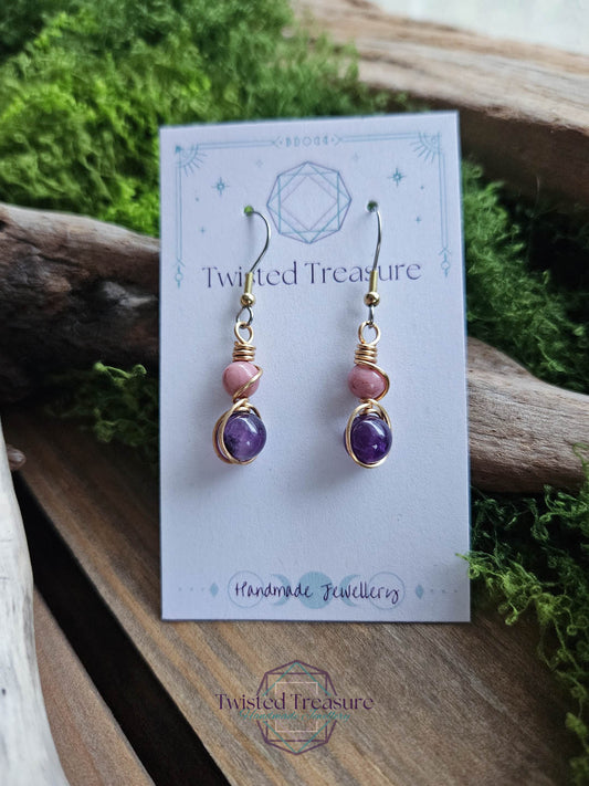 Bronze Alchemy Earrings - Amethyst & Rhodonite