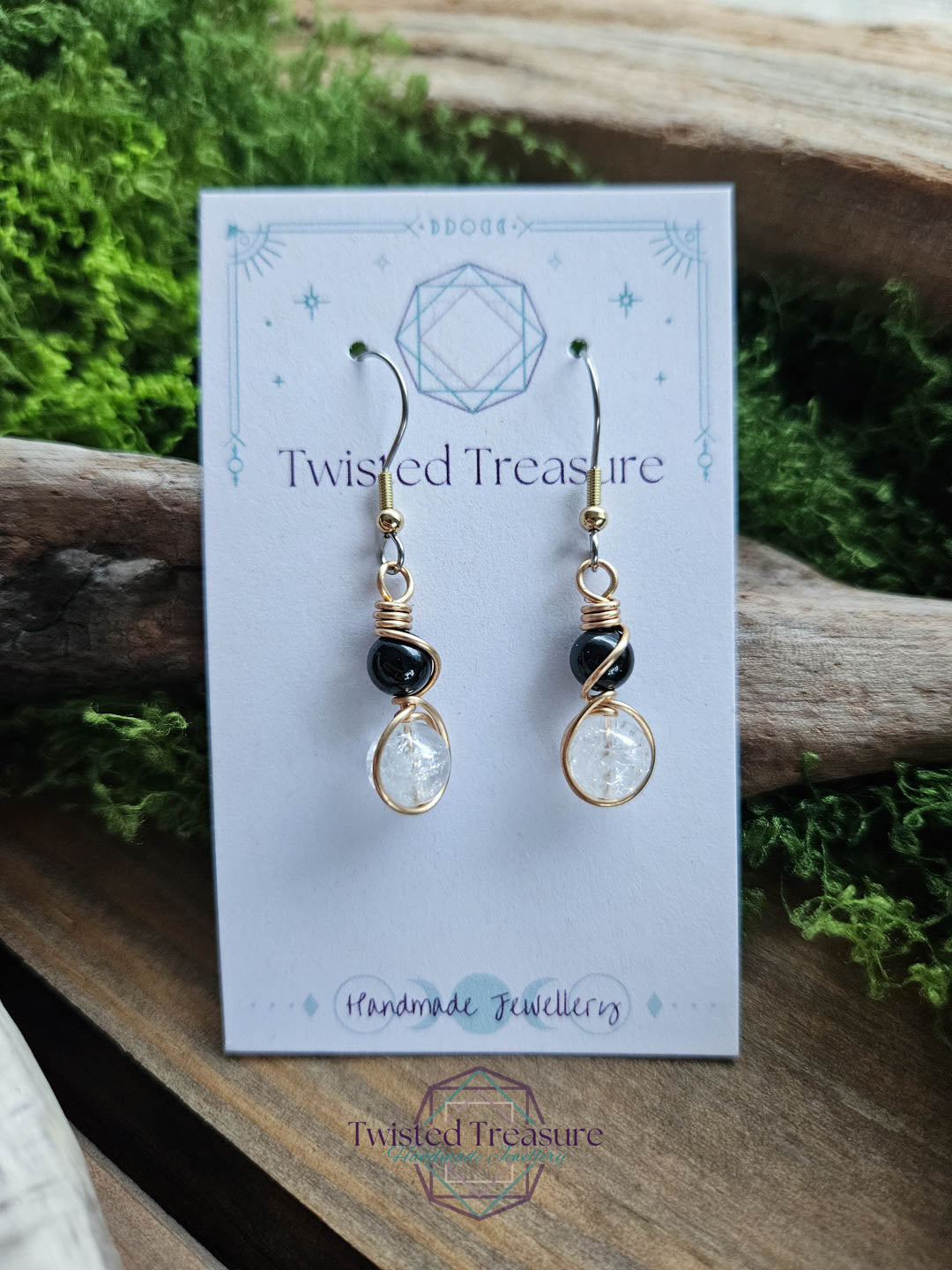 Bronze Alchemy Earrings - Obsidian & Quartz