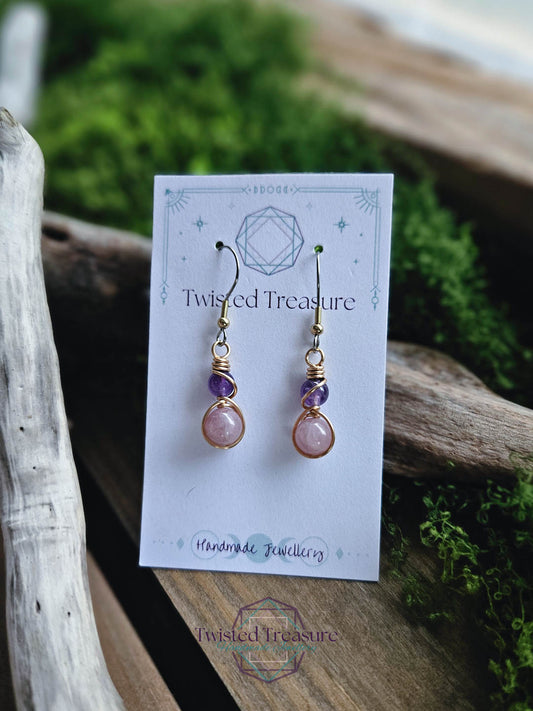 Bronze Alchemy Earrings - Amethyst & Rose Quartz