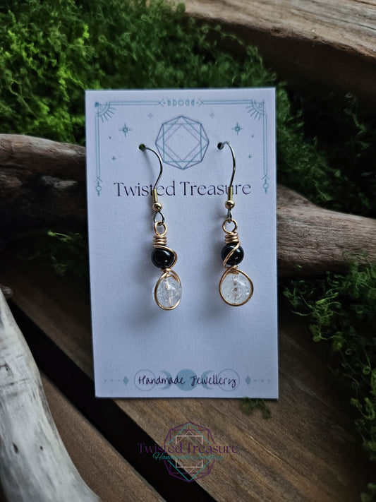 Bronze Alchemy Earrings - Obsidian & Quartz