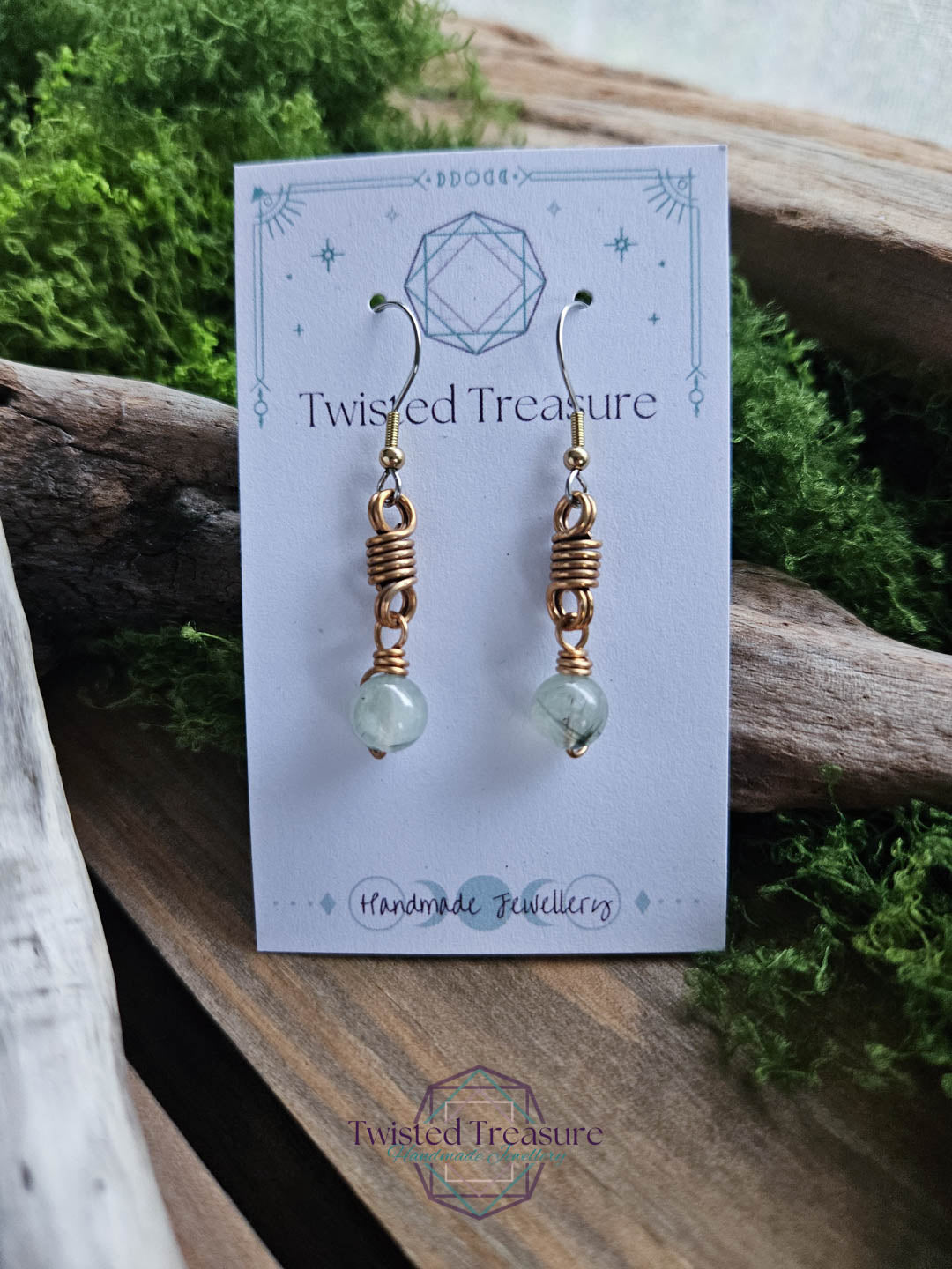Bronze Curlicue Earrings - Prehnite