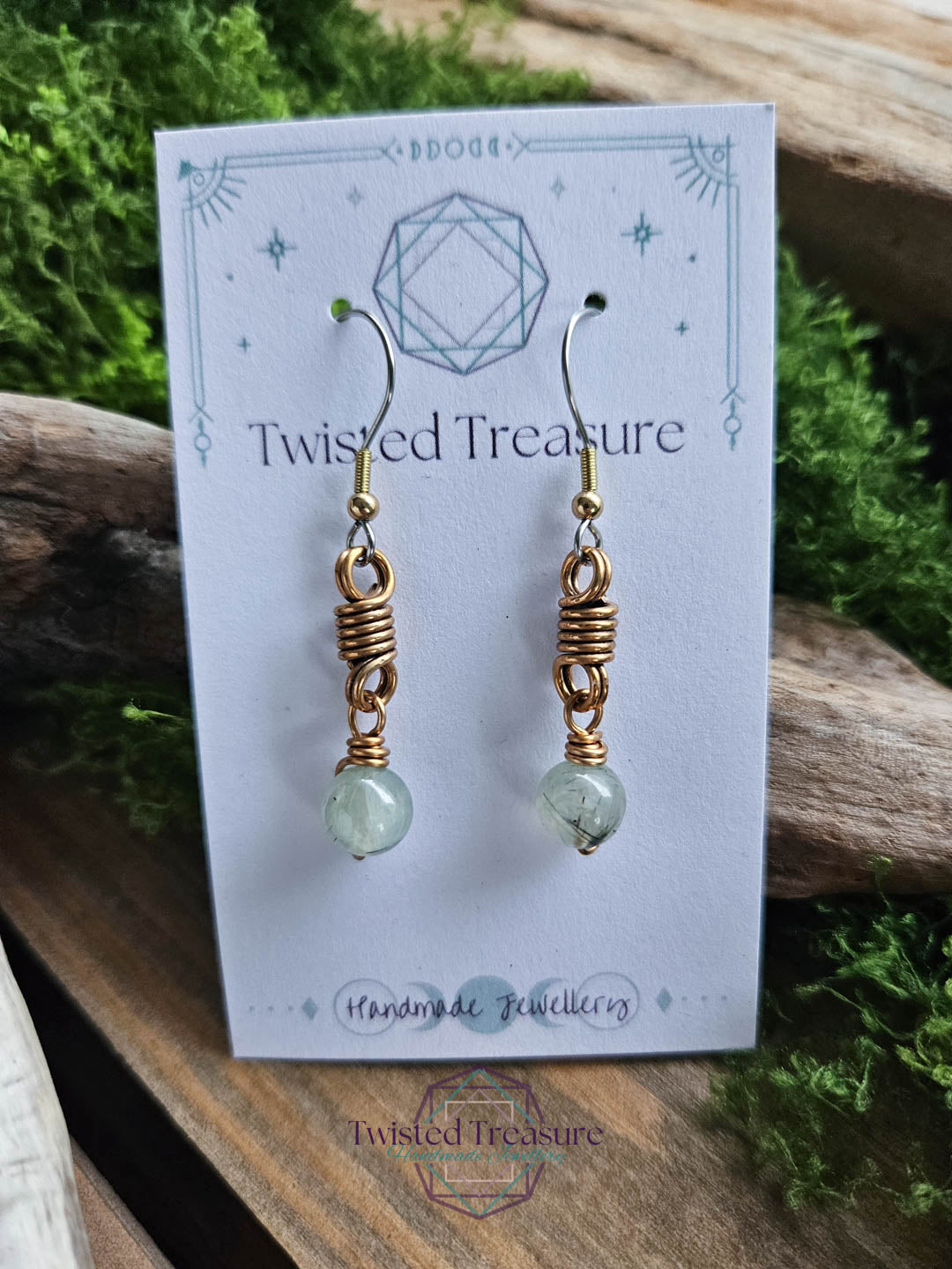 Bronze Curlicue Earrings - Prehnite