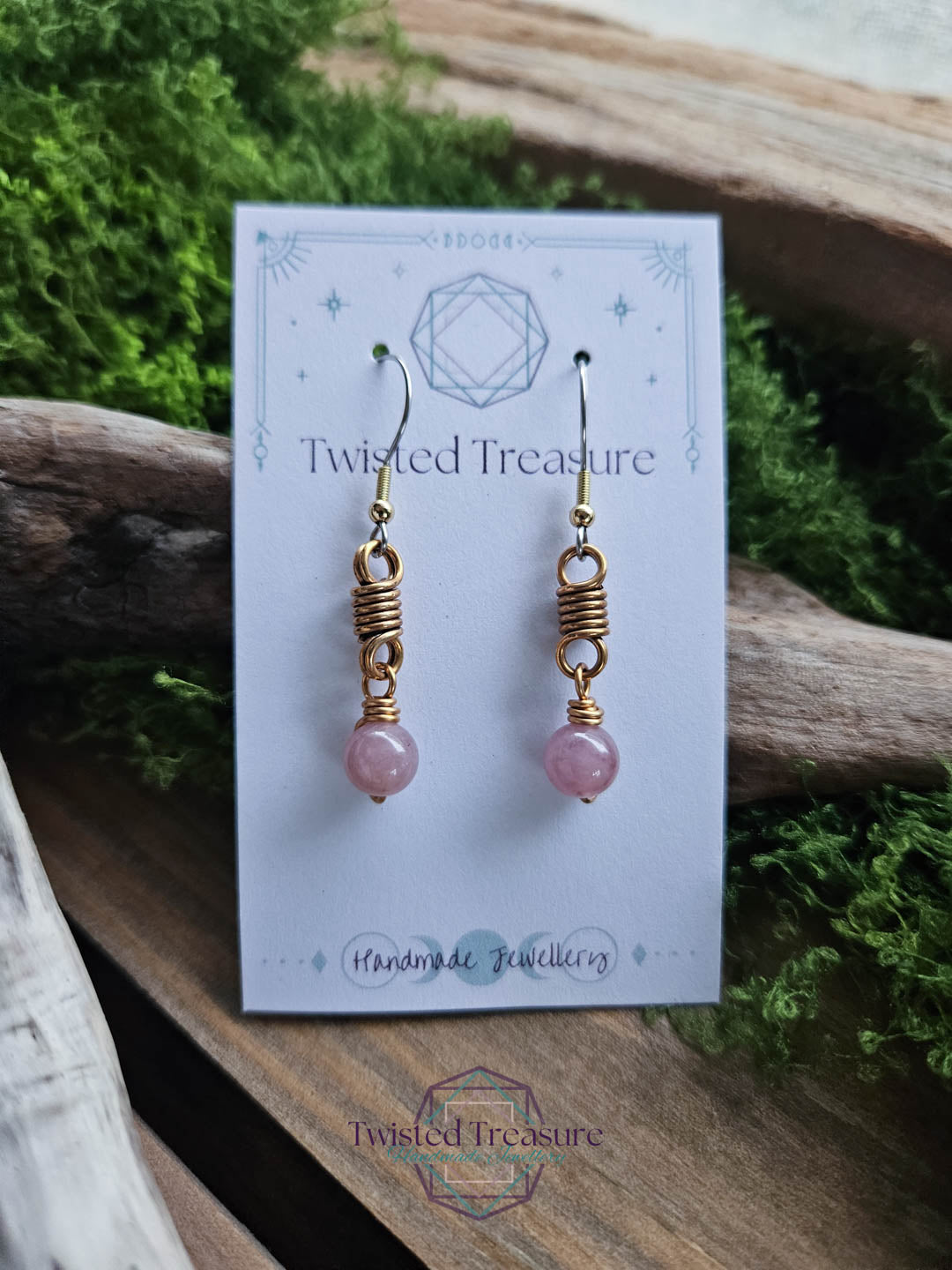 Bronze Curlicue Earrings - Rose Quartz