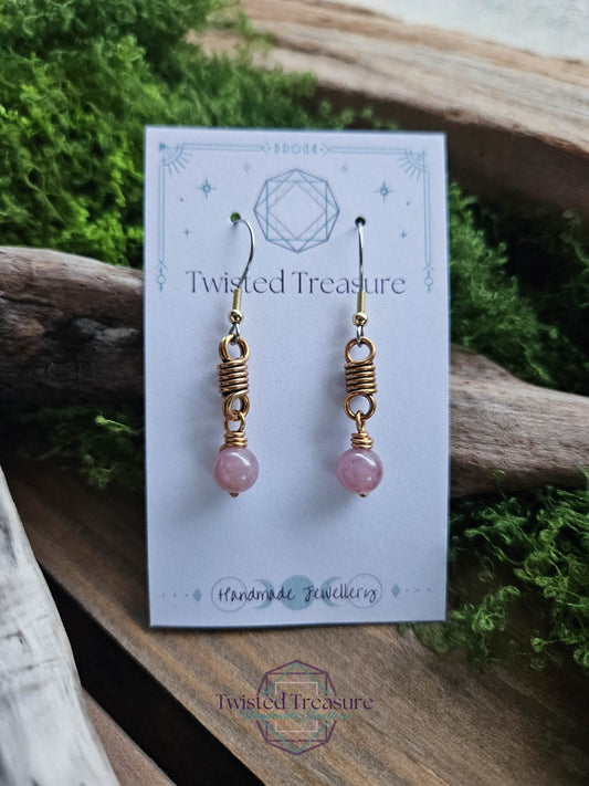 Bronze Curlicue Earrings - Rose Quartz