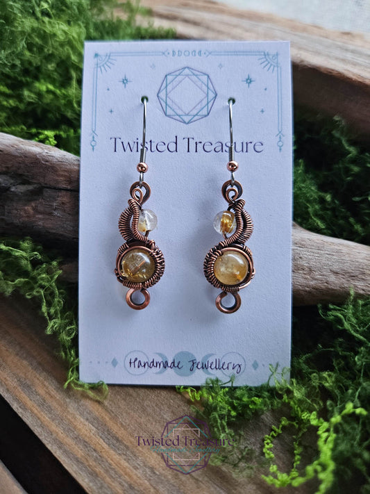 Copper Phase Earrings - Rutile Quartz & Citrine