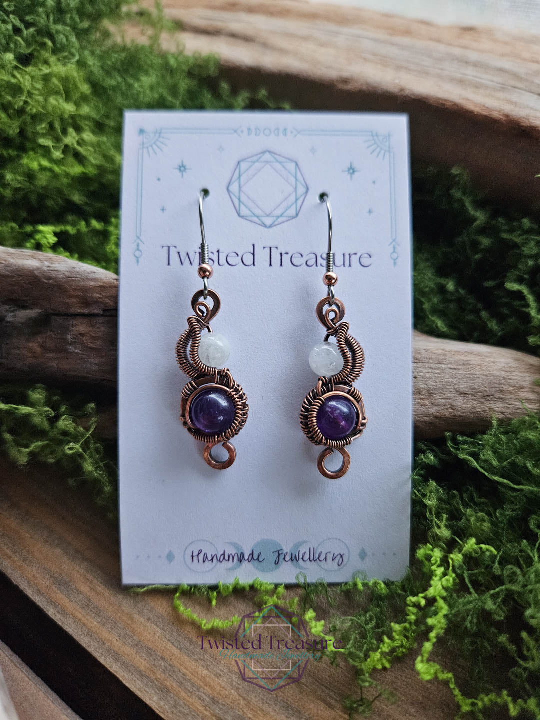 Copper Phase Earrings - Moonstone & Amethyst
