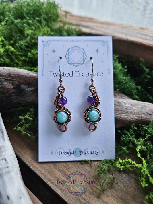 Copper Phase Earrings - Amethyst & Amazonite