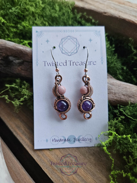 Copper Phase Earrings - Rhodonite & Amethyst