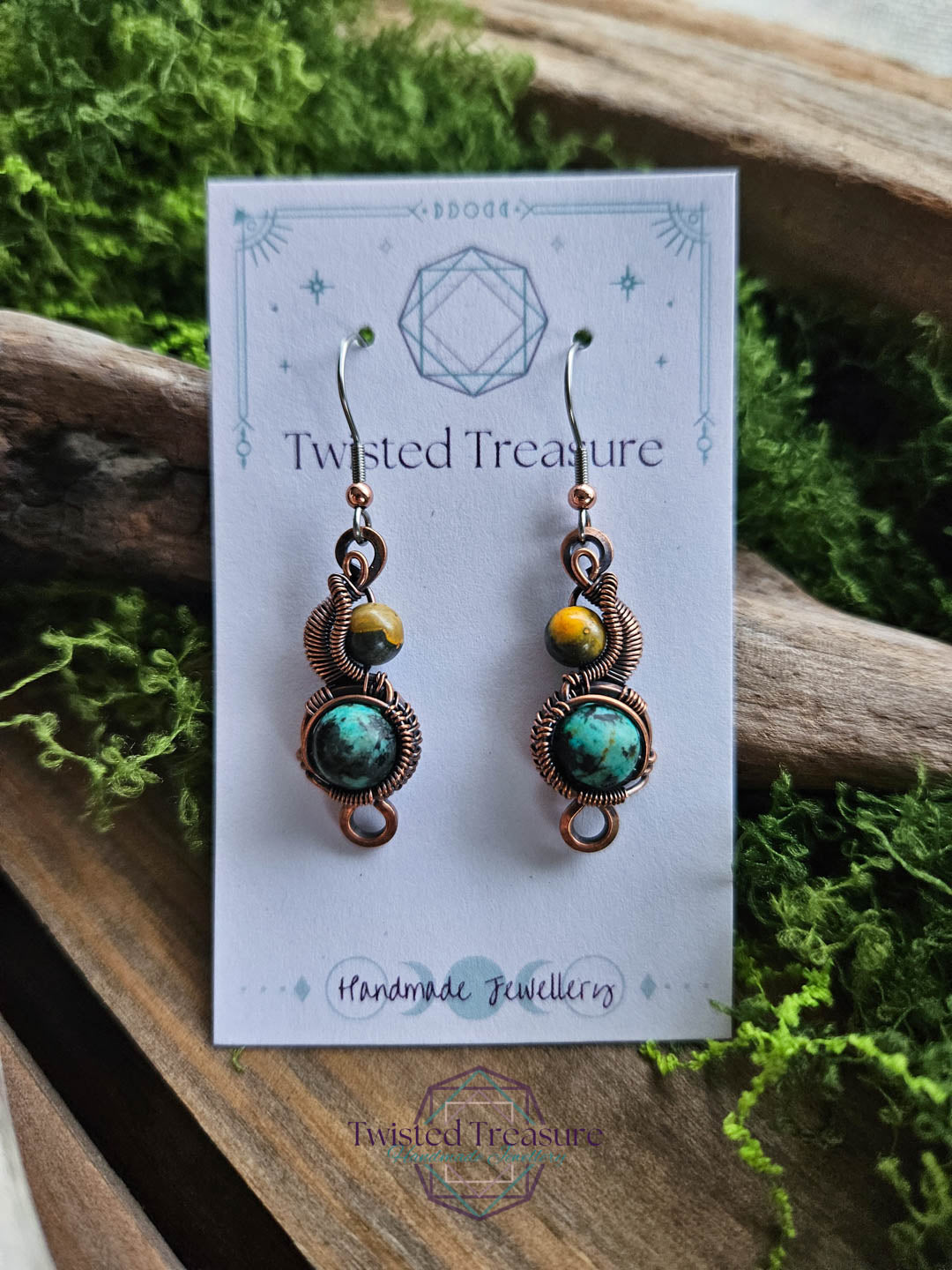 Copper Phase Earrings - Bumblebee Jasper & African Turquoise