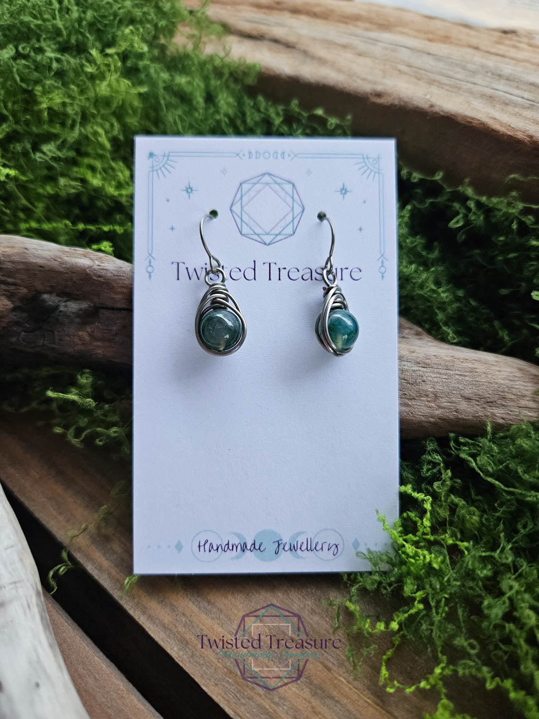 Titanium Dew Drop Earrings - Moss Agate
