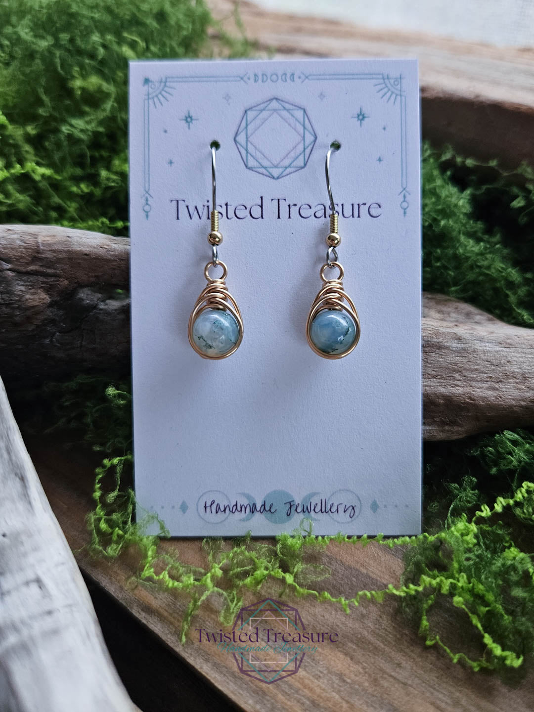 Bronze Dew Drop Earrings - Moss Agate