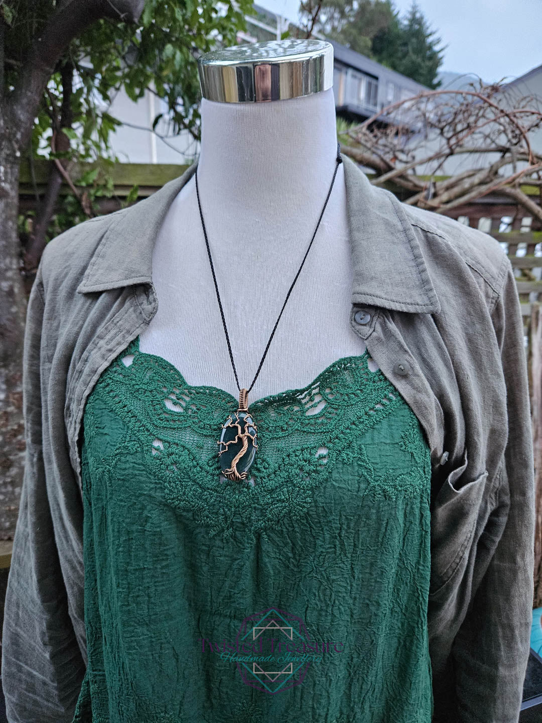 Moss Agate and Bronze Tree Necklace