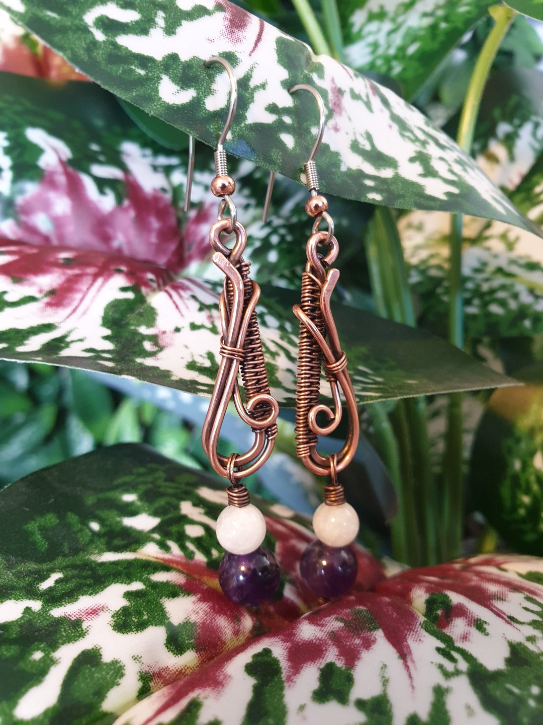 Amethyst, Moonstone and Copper Dangle Earrings