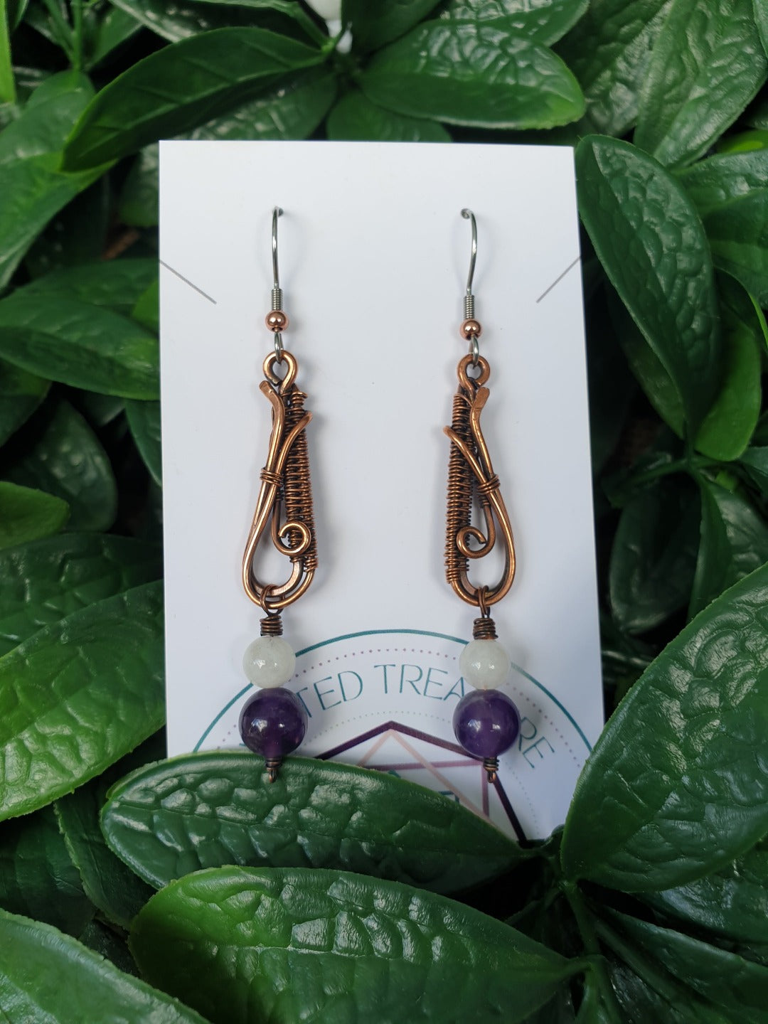 Amethyst, Moonstone and Copper Dangle Earrings